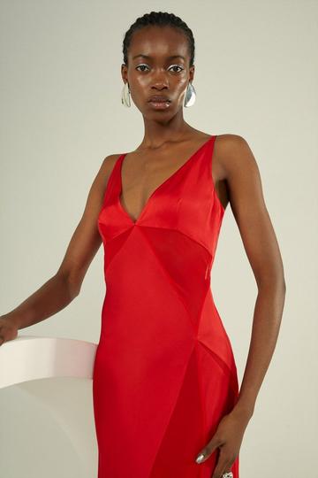 Red Sheer Panelled Satin Woven Maxi Dress