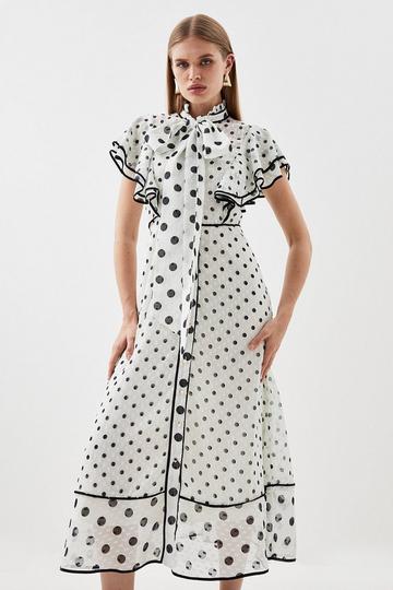 White Mixed Dot Ruffle Georgette Midi Dress