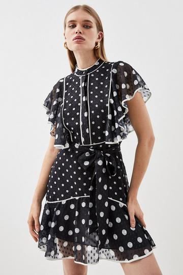 Black Mixed Dot Ruffle Georgette Mini Dress