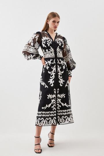 Petite Baroque Applique Woven Midi Dress black