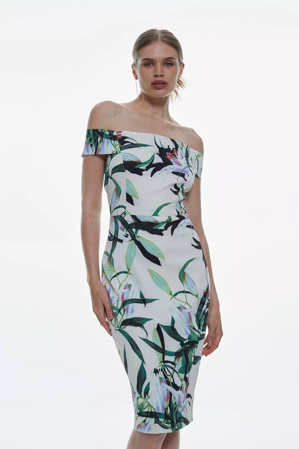 Italian Signature Stretch Lilly Printed Off The Shoulder Pencil Dress Karen Millen