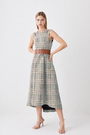 French Cotton Tweed Seam Detail Belted Midaxi Dress multi
