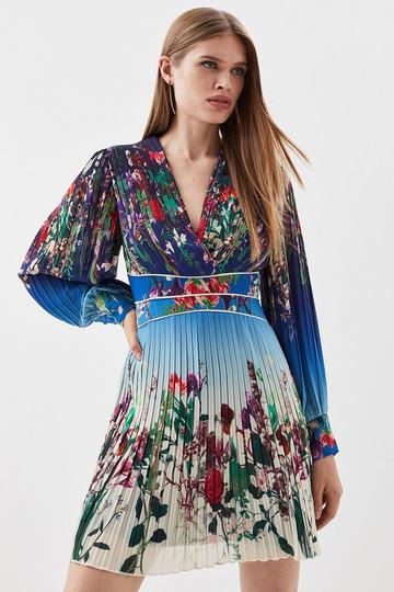 Blue Pleat Detail Floral Long Sleeve Mini Dress