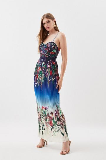 Blue Pleat Detail Floral Strappy Woven Midi Dress