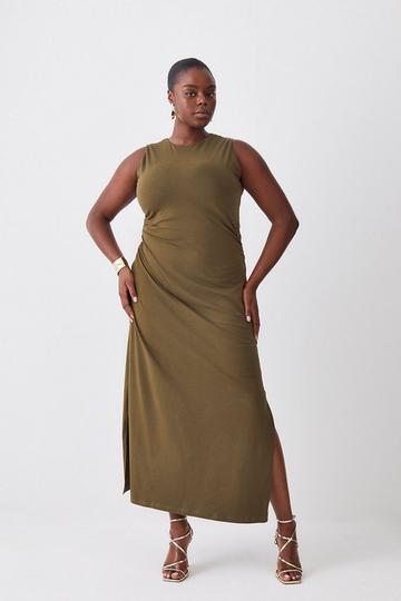 Khaki Plus Size Stretch Cotton Jersey Column Midi Dress