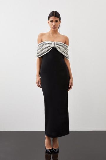 Black Crystal Embellished Bow Detailed Woven Maxi Dress