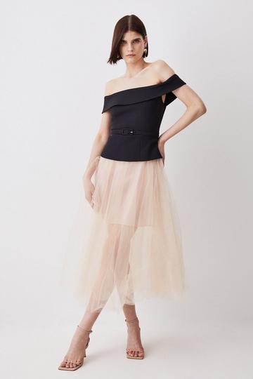 Black Compact Stretch Tulle Skirted Bardot Tailored Midi Dress