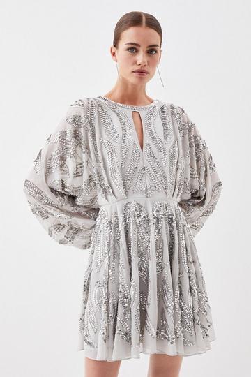 Petite Kimono Sleeve Embellished Mini Dress silver