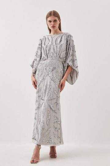 Silver Kimono Sleeve Embellished Midaxi Dress