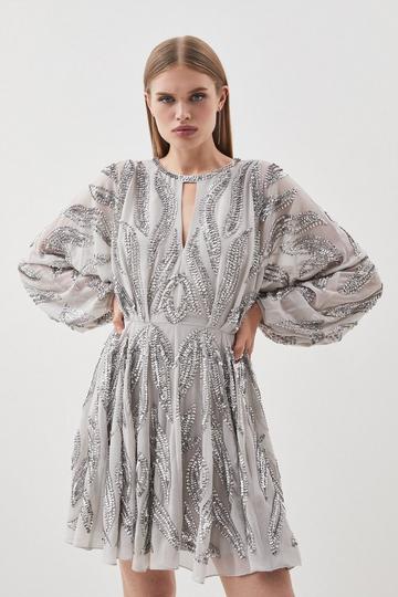 Silver Kimono Sleeve Embellished Mini Dress