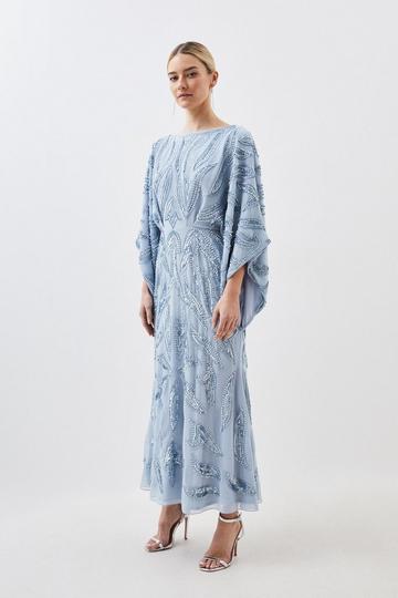 Petite Kimono Sleeve Embellished Woven Maxi Dress blue