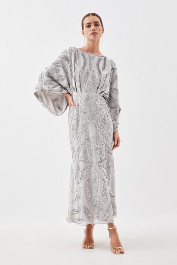 Petite Kimono Sleeve Embellished Woven Maxi Dress silver