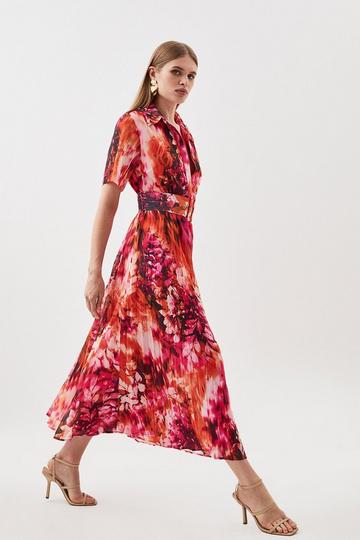 Floral Georgette Pleated Midi Shirt Dress floral