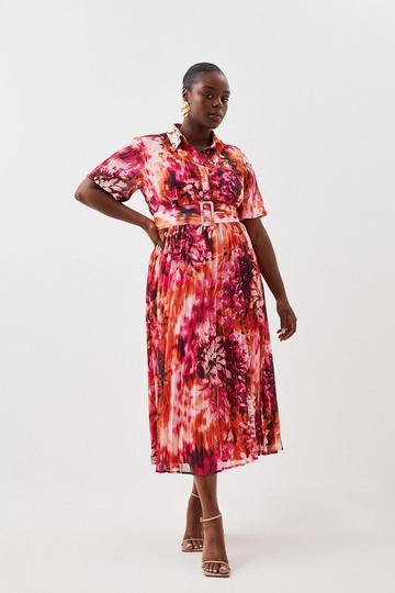 Multi Plus Size Floral Georgette Pleated Midi Shirt Dress