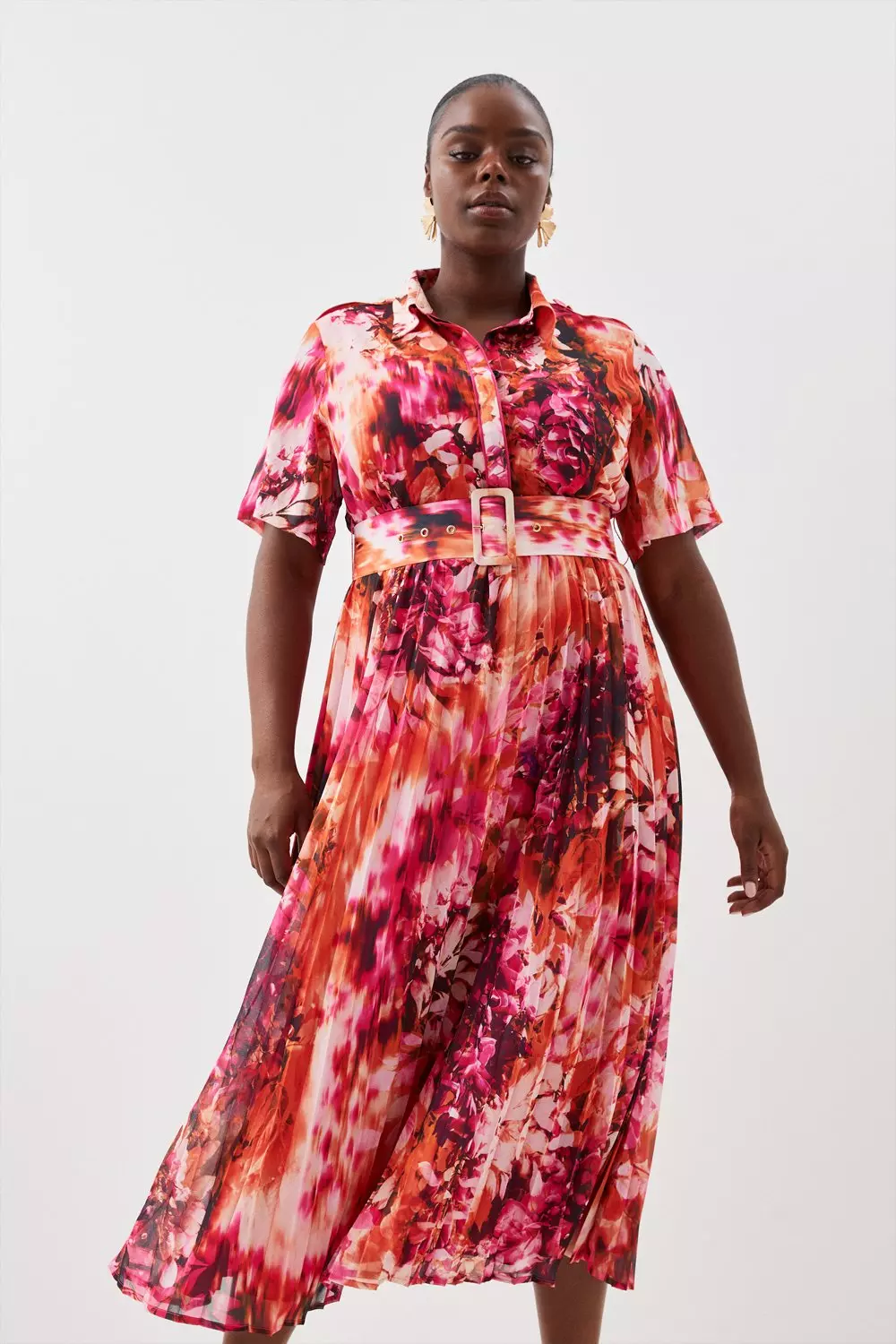 Plus Size Floral Georgette Pleated Midi Shirt Dress