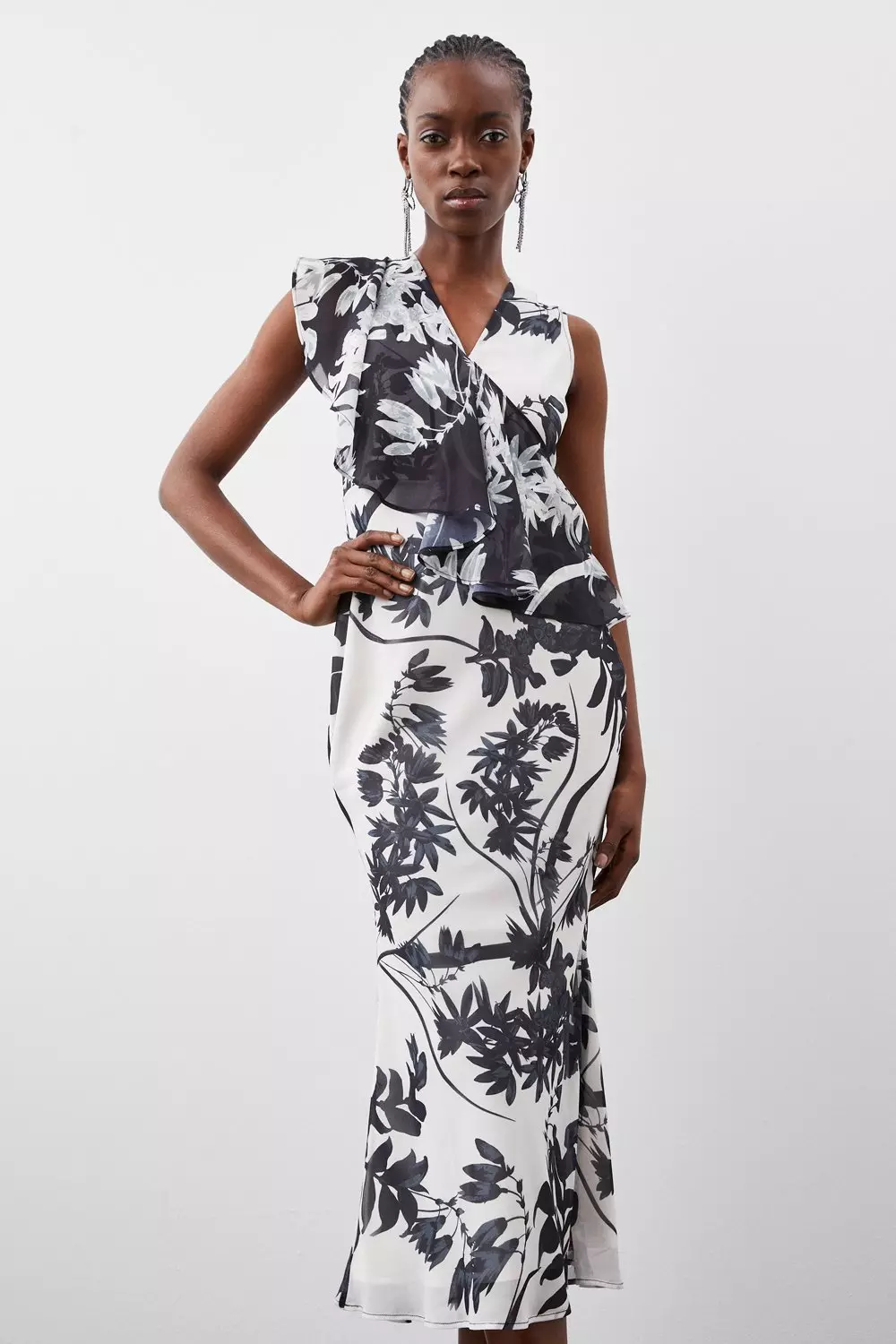 Mono Floral Georgette Ruffle Front Midi Dress