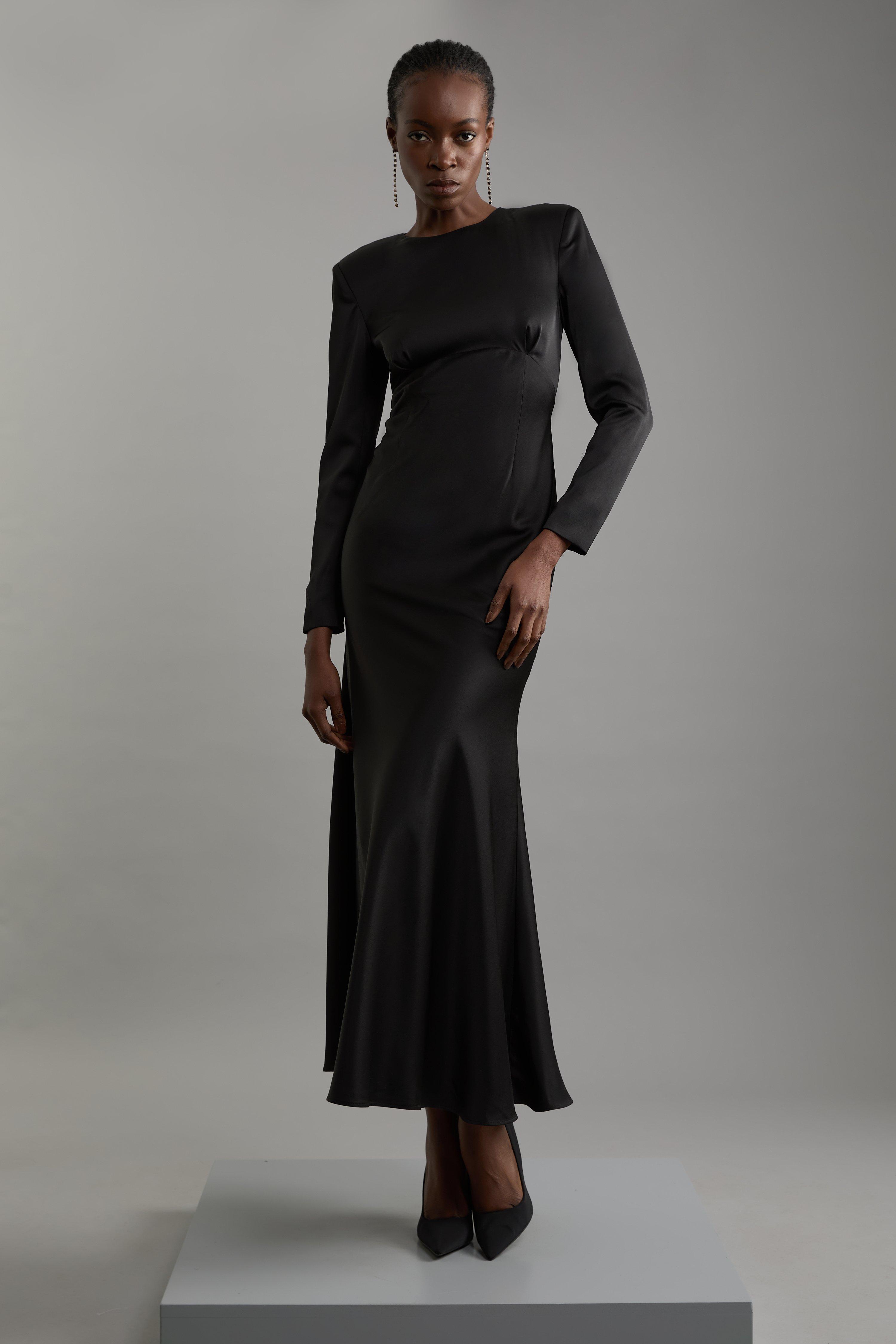 Satin Back Crepe Long Sleeved Column Woven Midaxi Dress - Black