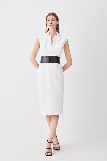Tall Structured Crepe Forever Cap Sleeve Belted Dress ivory