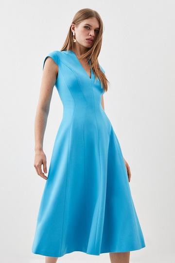 Compact Stretch Seam Detail High Neck Full Skirt Midi Dress aqua