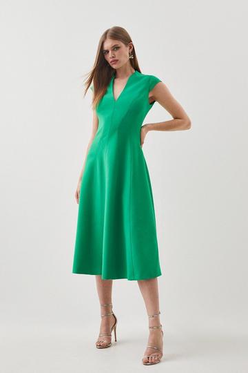Compact Stretch Seam Detail High Neck Full Skirt Midi Dress green