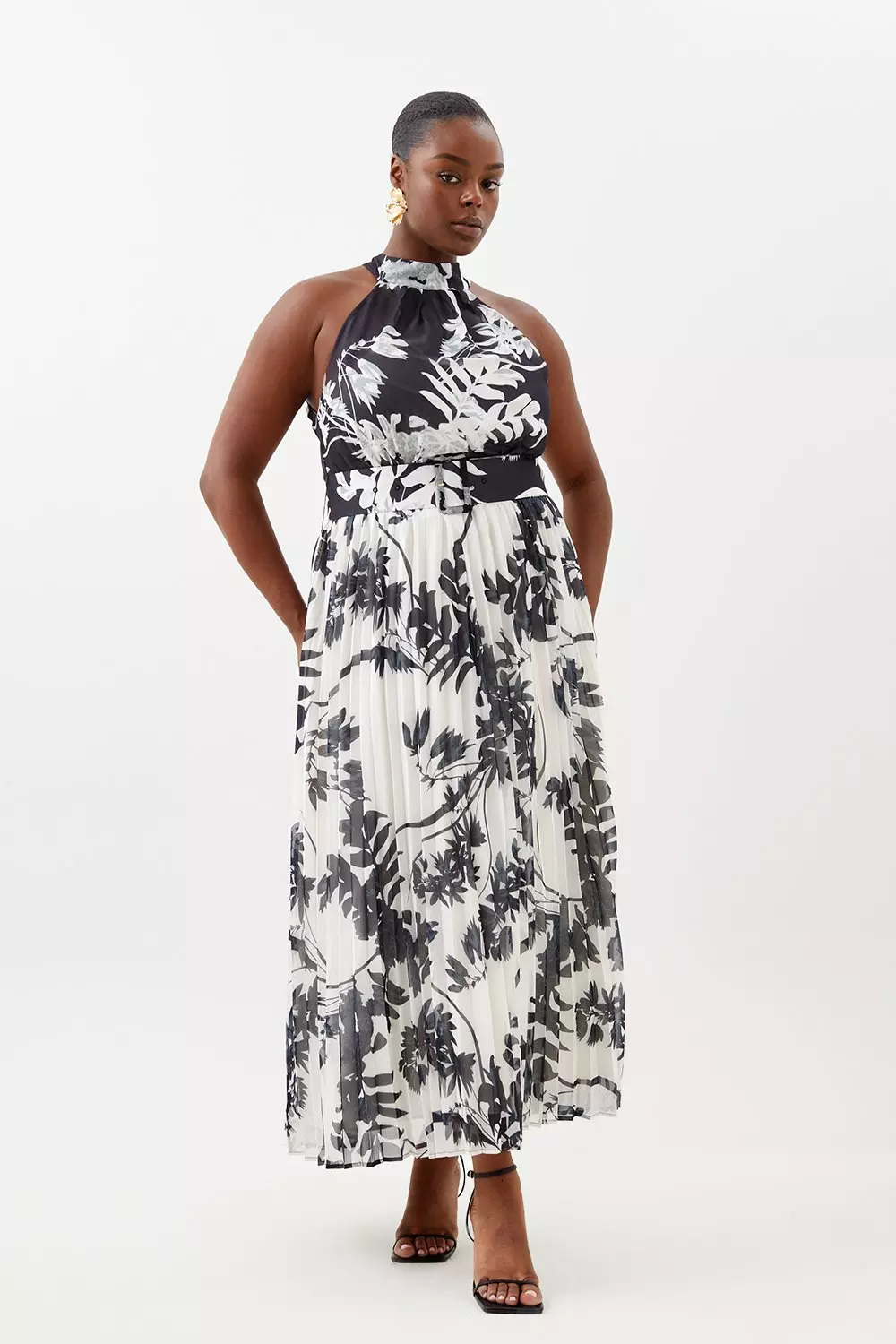 Plus Size Mono Floral Georgette Belted Pleated Midi Dress | Karen Millen