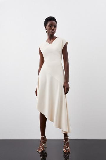 Asymmetric Hem Detail Cap Sleeve Dress cream