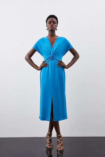 Blue Premium Crepe Twist Waist Detail Cap Sleeve Midi Dress