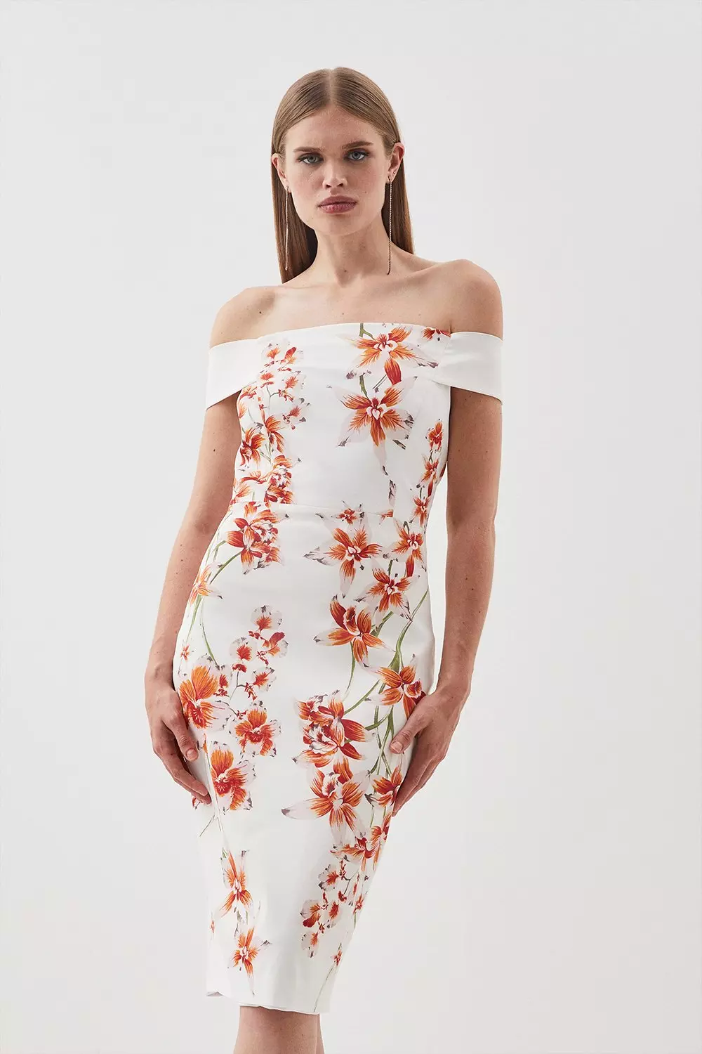 Printed Orchid Italian Signature Stretch Off The Shoulder Midi Dress