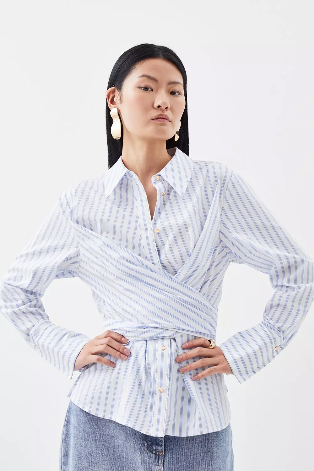 Striped Cotton Poplin Wrap Detail Shirt | Karen Millen