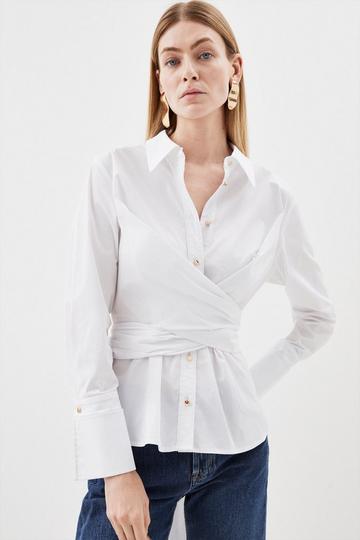 White Cotton Poplin Wrap Detail Woven Shirt