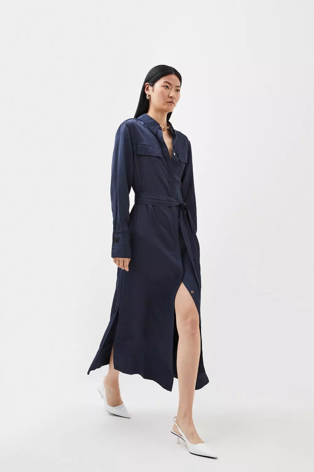 Waist-Defined Utility Midi Shirt Dress