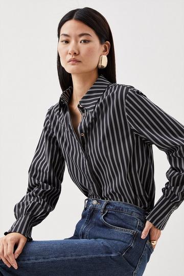 Black Cotton Poplin Button Sleeve Detail Woven Shirt