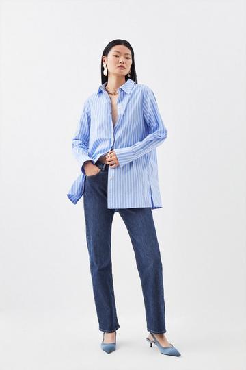 Blue Cotton Poplin Button Sleeve Detail Woven Shirt