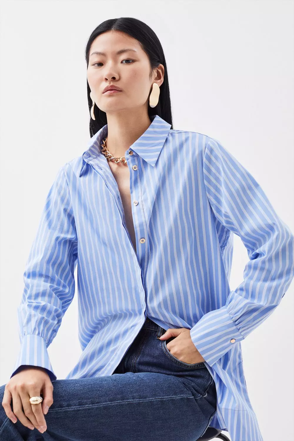 Cotton Poplin Button Sleeve Detail Woven Shirt | Karen Millen