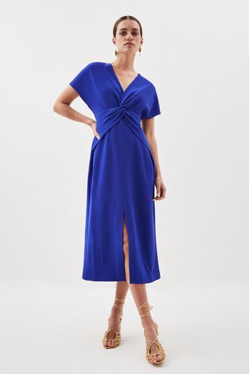 Cobalt Blue Petite Crepe Twist Waist Detail Cap Sleeve Midi Dress