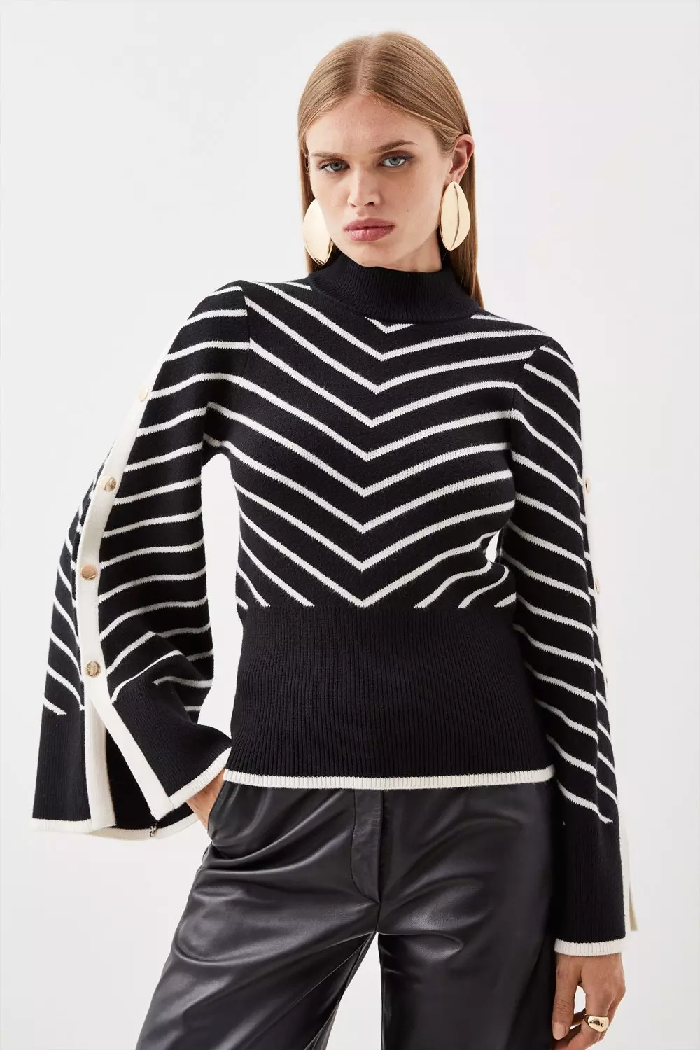 Brushed Jacquard Mono Houndstooth Knit Tunic Sweater | Karen Millen