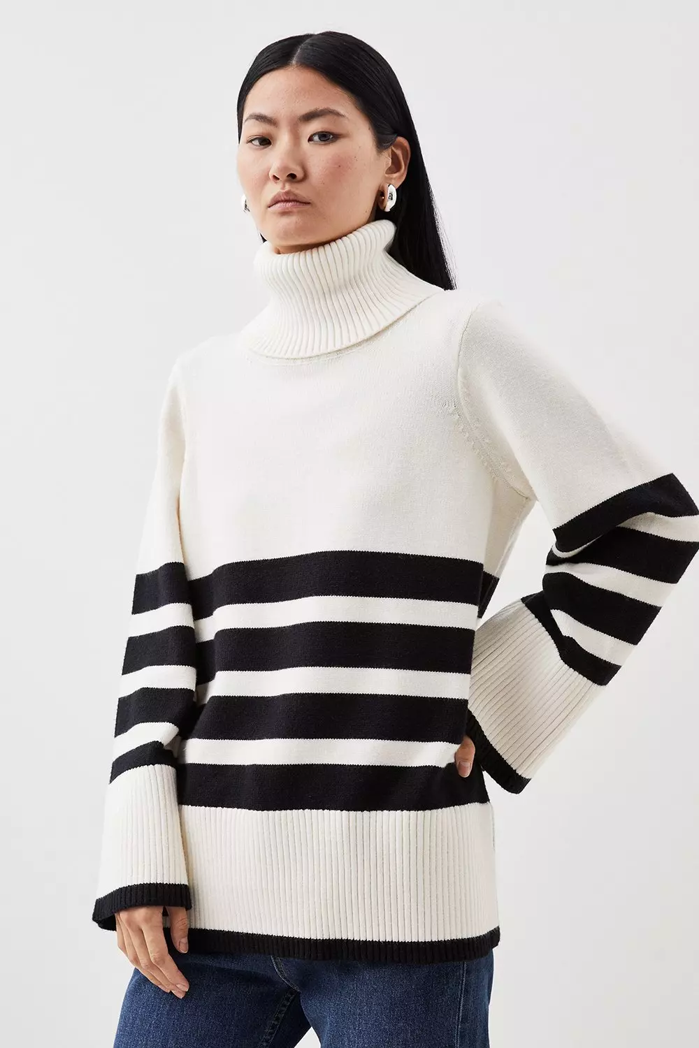 Karen Millen Hem Knit Split Striped Sweater |