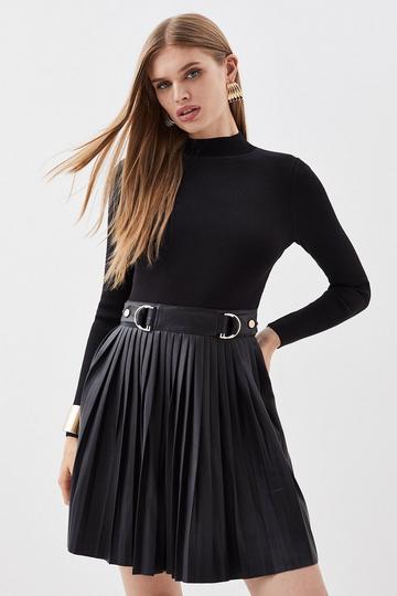 Knitted Skater Dress With Pu Detailing black