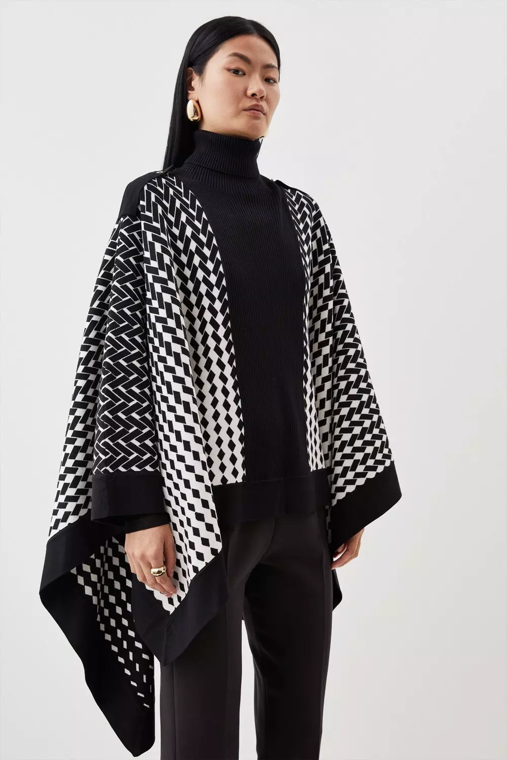 Funnel Neck Jacquard Knit Poncho