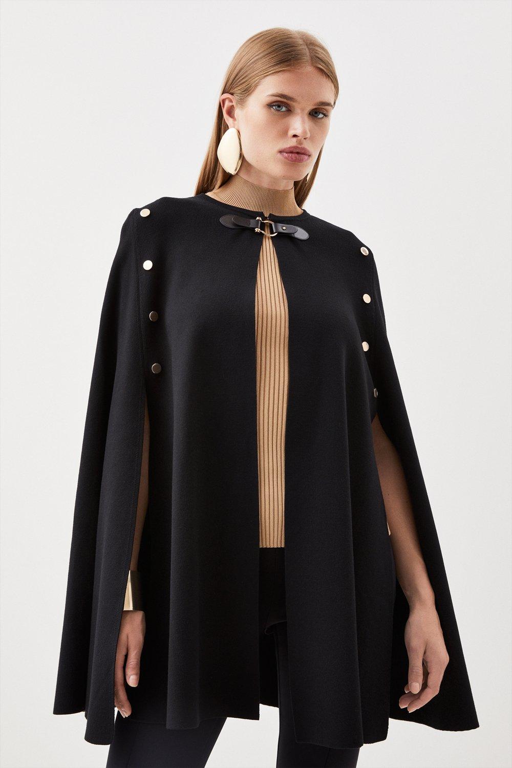 Popper Detail Knit Cape - Black