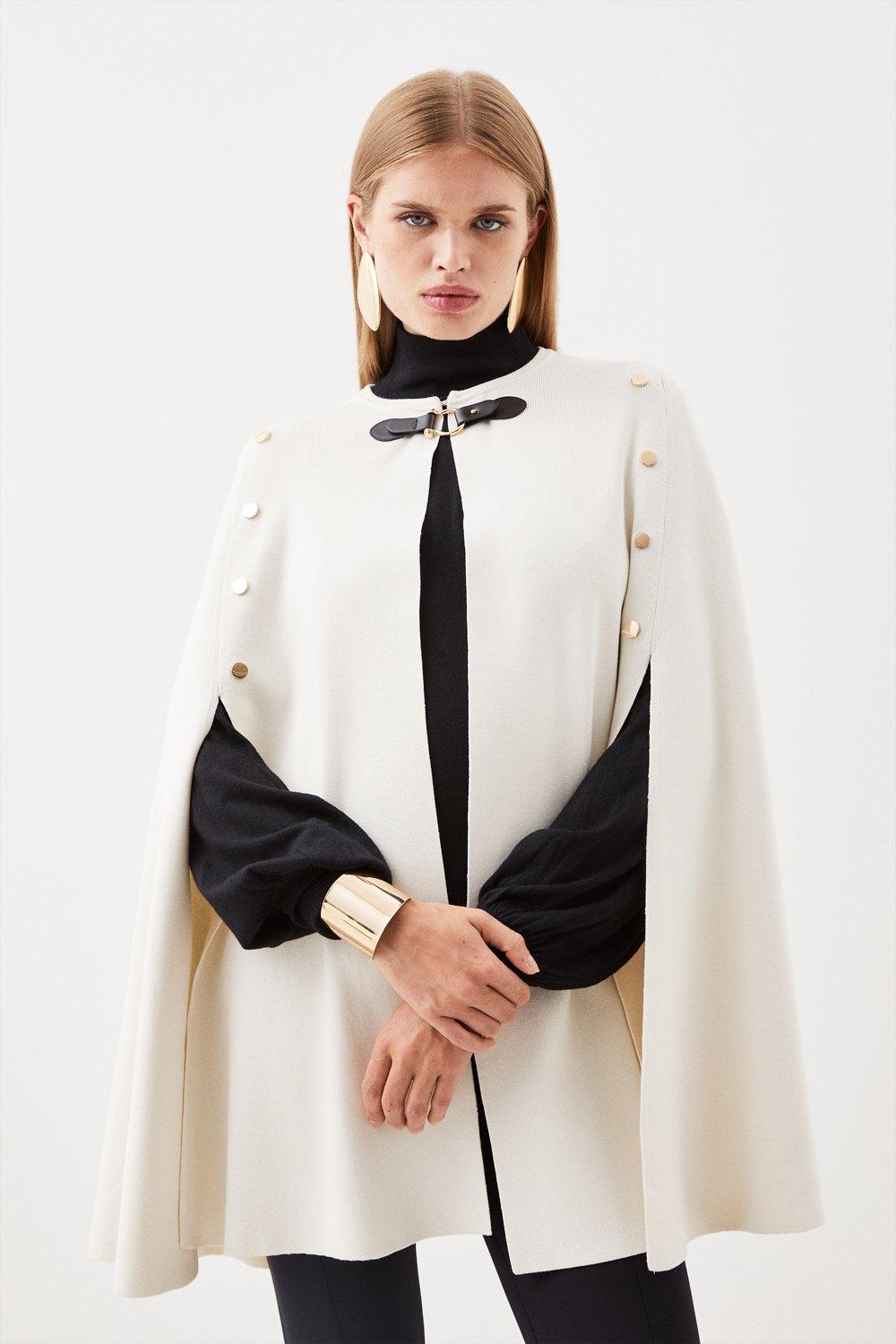 Popper Detail Knit Cape - Cream