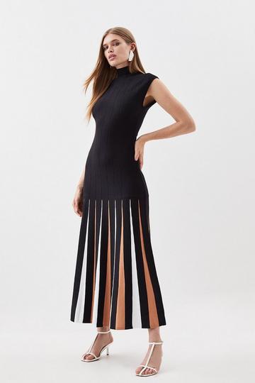 Black Jacquard Knit Pleated Midaxi Dress