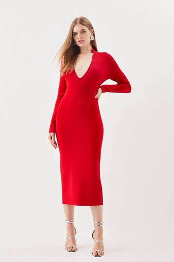 Red Body Contouring Collared Knit Midi Dress