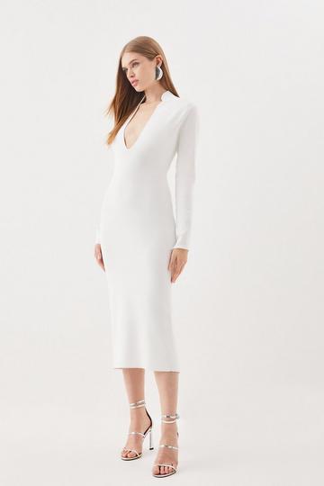 Body Contouring Collared Knit Midi Dress white
