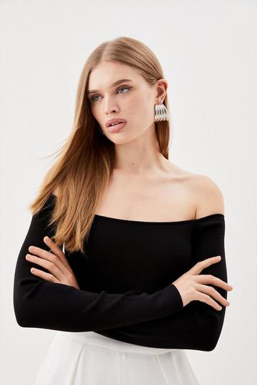 Black Premium Viscose Blend Body Contouring Bardot Knit Thong Bodysuit