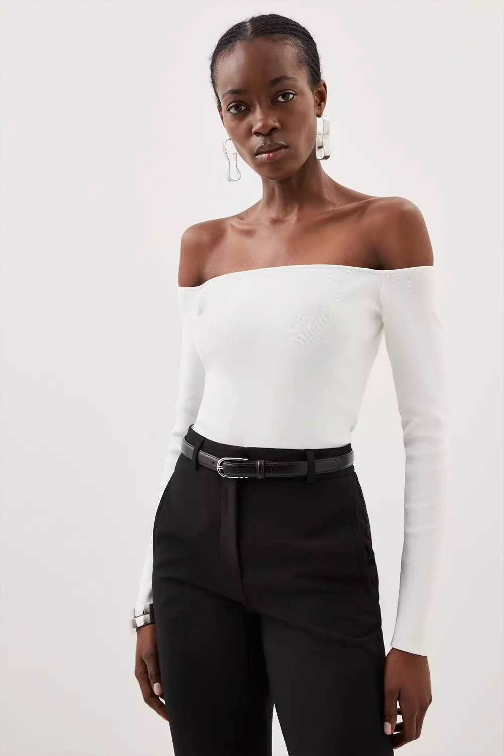 Body Contouring Off The Shoulder Knit Thong Bodysuit | Karen Millen