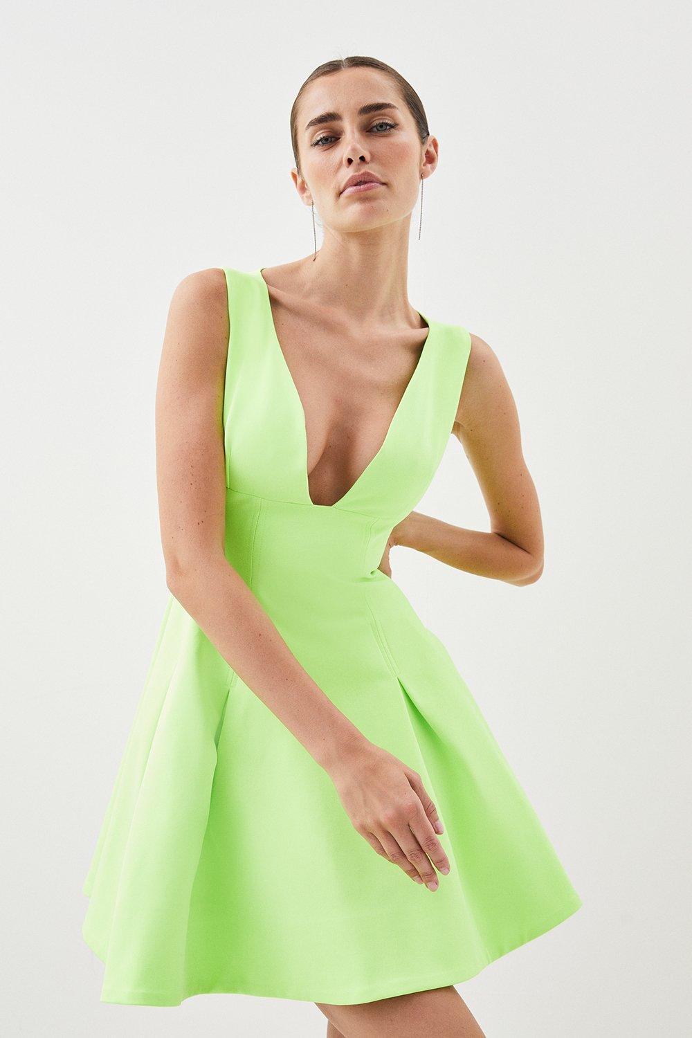 ASOS DESIGN satin halter neck backless mini dress with waist detail in lime