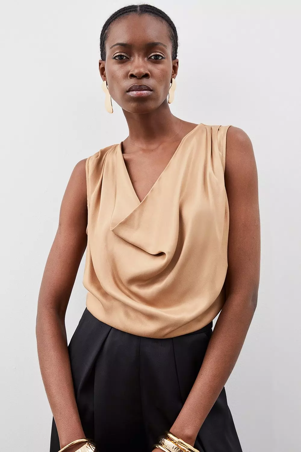 Viscose Satin Cowl Neck Sleeveless Bodysuit