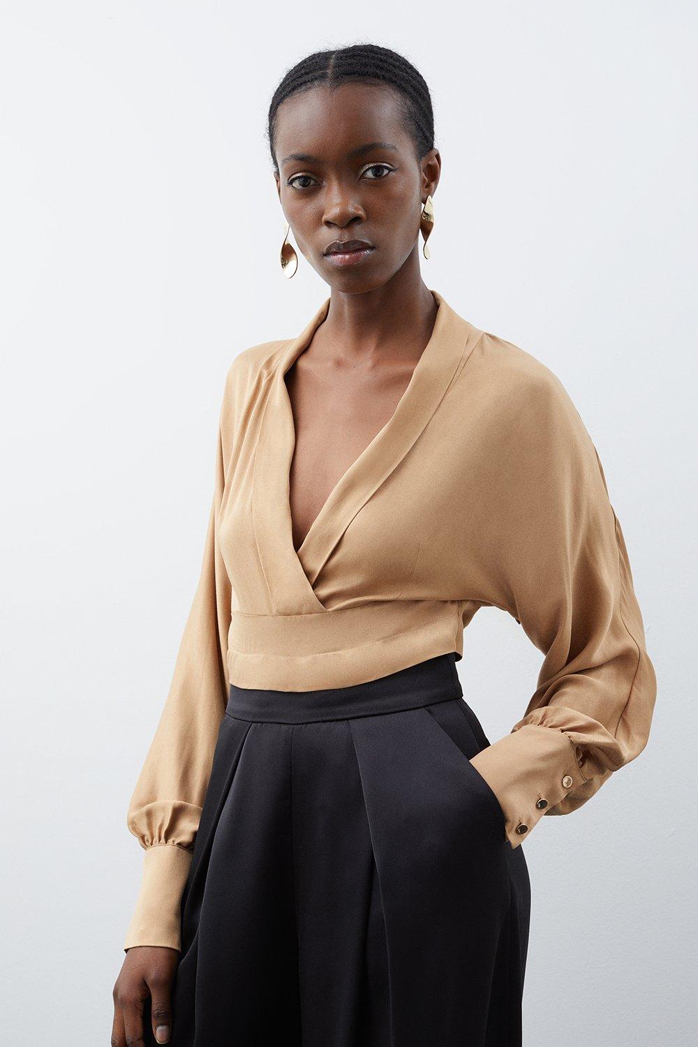 Viscose Satin Collard Batwing Bodysuit | Karen Millen