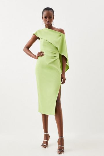 Compact Stretch Viscose Tailored One Shoulder Drape Detail Midi Dress green